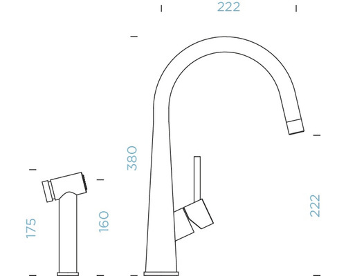 Technische Zeichnung einer Küchenarmatur mit den Maßen 380 mm Höhe und 222 mm Ausladung