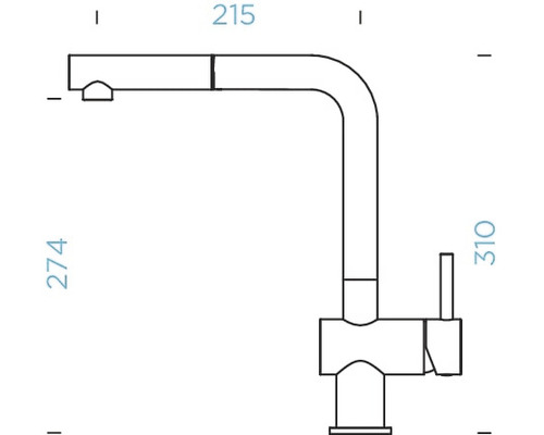Technische Zeichnung einer Küchenarmatur mit den Maßen 215, 274 und 310 Millimeter.