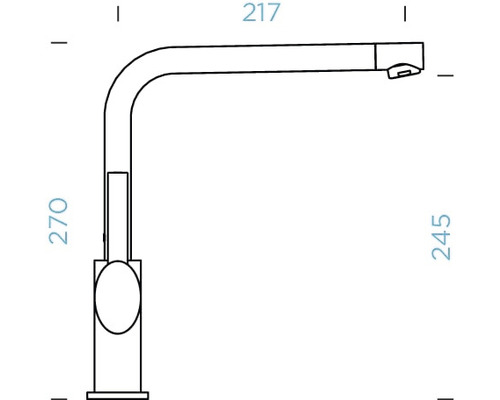 Technische Zeichnung einer Armatur mit Maßen.