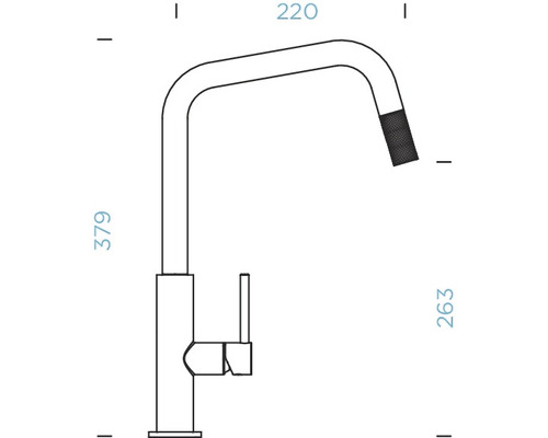 Technische Zeichnung einer Küchenarmatur mit Maßen