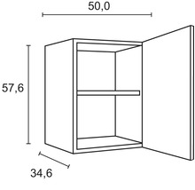 Zeichnung eines Hängeschranks mit den Maßen 50,0 x 57,6 x 34,6 cm.