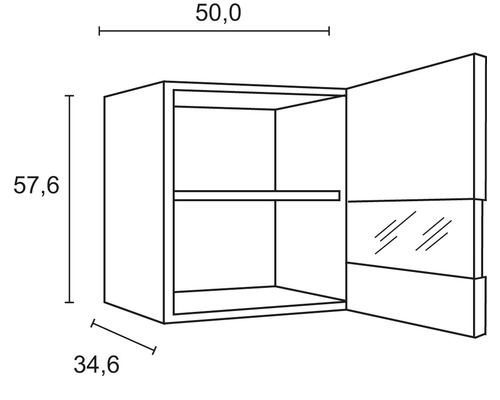 Technische Zeichnung eines Hängeschranks mit den Maßen 50,0 x 57,6 x 34,6 cm.