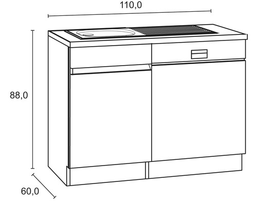 Waschbeckenunterschrank mit Spüle und den Maßen 110,0 x 88,0 x 60,0 cm.