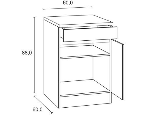 Technische Zeichnung eines Unterschranks mit Schublade, Tür und den Maßen 60,0 x 60,0 x 88,0 Zentimeter.