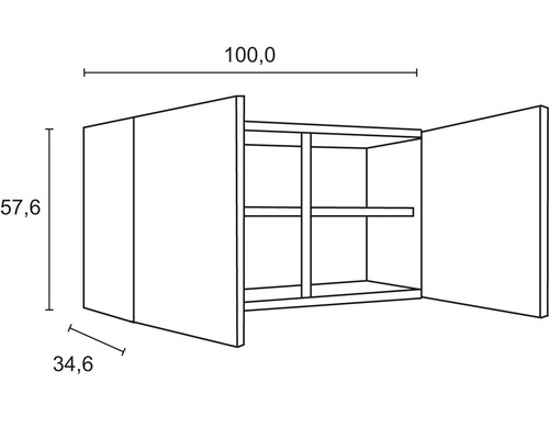 Technische Zeichnung eines Wandschranks mit den Maßen 100,0 x 57,6 x 34,6 Zentimeter