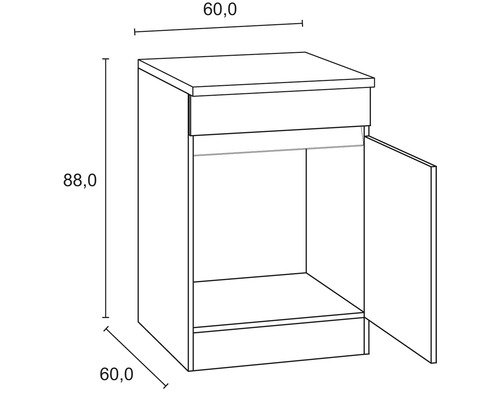 Zeichnung eines Unterschranks mit einer Tür und den Maßen 60,0 x 60,0 x 88,0 Zentimeter.