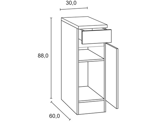 Technische Zeichnung eines Unterschranks mit Schublade, Tür und Abmessungen