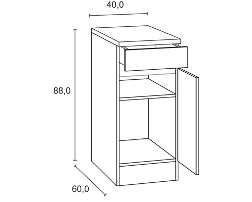 Technische Zeichnung eines Unterschranks mit Schublade und Tür mit den Maßen 40,0 x 60,0 x 88,0 cm