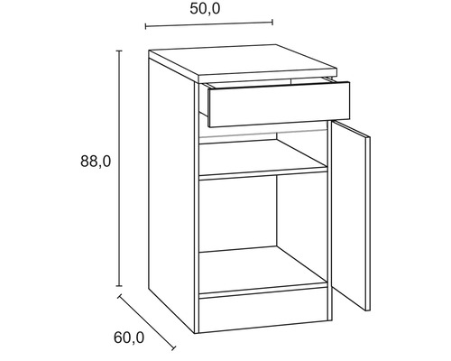 Skizze eines Unterschranks mit Schublade, Tür und Maßen