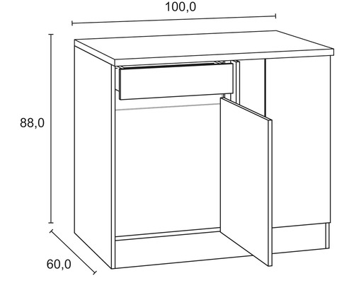 Technische Zeichnung eines Badezimmerunterschranks mit Schublade und Tür sowie Maßangaben