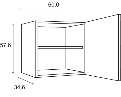 Technische Zeichnung eines Hängeschranks mit den Maßen 60,0 x 57,6 x 34,6 Zentimeter.