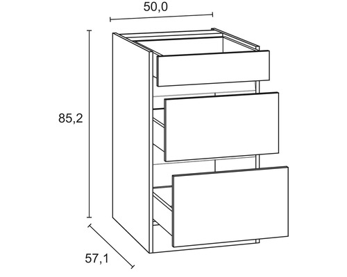 Zeichnung eines Unterschranks mit drei Schubladen und Maßangaben.