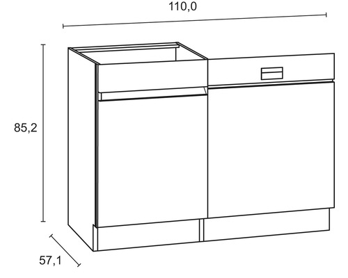 Skizze eines Waschbeckenunterschranks mit Schublade und den Maßen 110,0 x 85,2 x 57,1 cm.