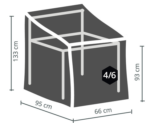 Abmessungen einer Schutzhülle für Gartenmöbel: 133 x 95 x 66 cm