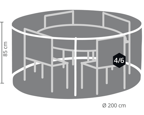 Grafische Darstellung einer Gartensitzgruppe für vier bis sechs Personen mit den Maßen 85 mal 200 Zentimeter.