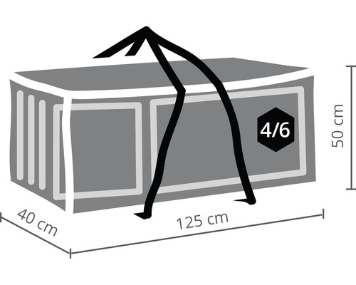 Abbildung einer Transportbox mit den Maßen 125 cm Länge, 40 cm Breite und 50 cm Höhe