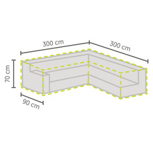 Abbildung der Maße eines Ecksofas: 300 cm x 300 cm, Höhe 70 cm, Tiefe 90 cm.
