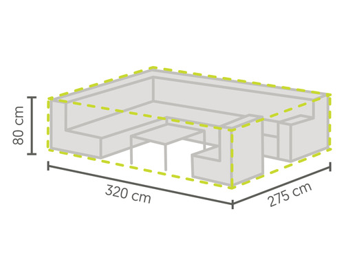 Skizze einer Loungegruppe mit den Maßen 320 cm mal 275 cm mal 80 cm.