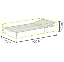 Abbildung mit den Maßen einer Gartenliege: 200 cm Länge, 75 cm Breite und 40 cm Höhe