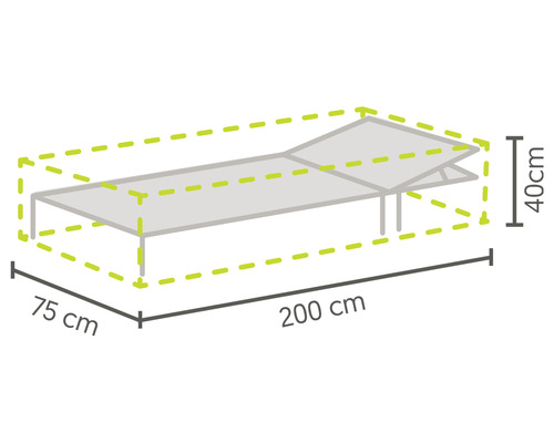 Abbildung mit den Maßen einer Gartenliege: 200 cm Länge, 75 cm Breite und 40 cm Höhe