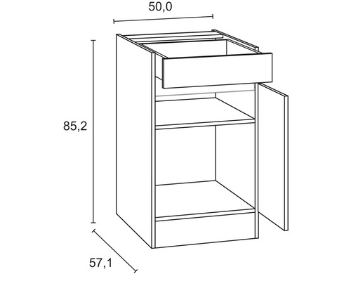 Zeichnung eines Küchenunterschranks mit Schublade und offener Tür, Maße 50,0 x 57,1 x 85,2 cm
