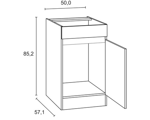 Skizze eines Unterschranks mit den Maßen 50,0 x 57,1 x 85,2 cm.