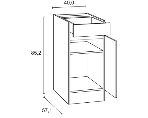 Technische Zeichnung eines Unterschranks mit Schublade und Tür mit den Maßen 40,0 x 57,1 x 85,2 cm.