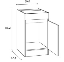 Zeichnung eines Küchenunterschranks mit den Maßen 50,0 x 57,1 x 85,2 cm