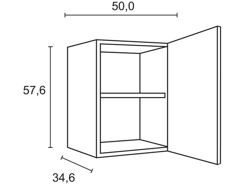 Technische Zeichnung eines Hängeschranks mit den Maßen 50,0 x 57,6 x 34,6 cm