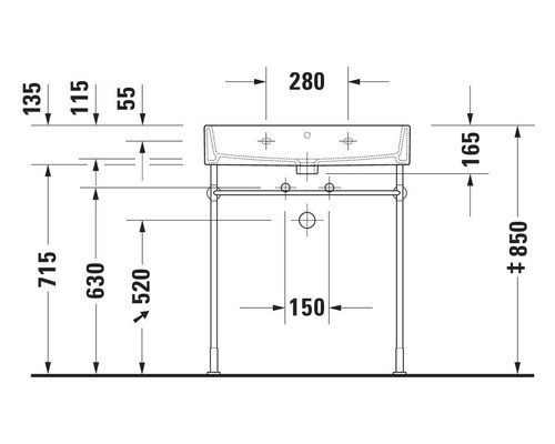 Technische Zeichnung eines Waschtisches mit Maßen