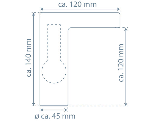 Technische Zeichnung eines Wandhakens mit den Maßen circa 140 mal 120 Millimeter und einem Durchmesser von circa 45 Millimeter