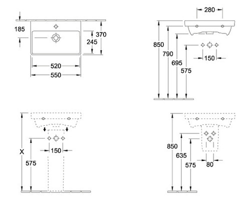 Technische Zeichnung eines Waschbeckens mit Maßangaben