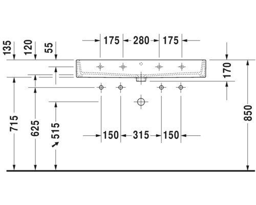 Technische Zeichnung eines Waschtischs mit Maßangaben