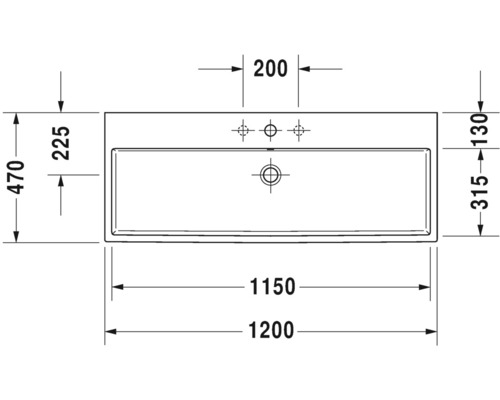 Technische Zeichnung eines Waschbeckens mit Maßangaben