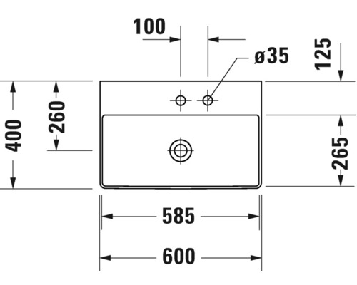 Technische Zeichnung eines Waschbeckens mit Maßangaben.