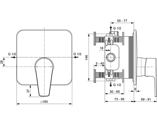 Technische Zeichnung einer Badezimmerarmatur mit Maßangaben