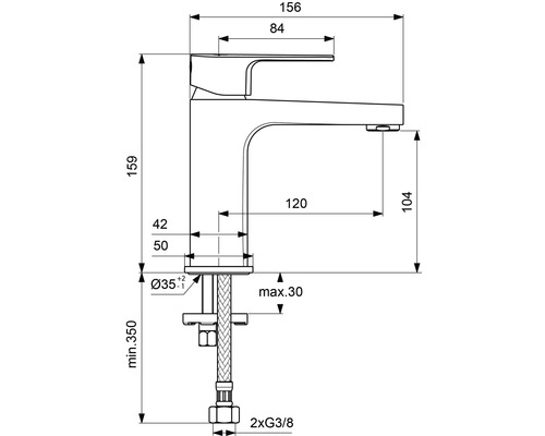 Technische Zeichnung einer Armatur mit Maßangaben