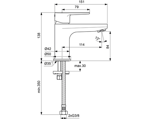 Maßzeichnung einer Armatur mit den Maßen 151, 138, 114, 84, 79, Durchmesser 42, Durchmesser 50, Durchmesser 35, minimal 350 und maximal 30.