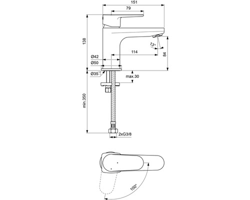 Technische Zeichnung eines Wasserhahns mit Maßangaben.