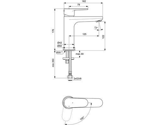 Technische Zeichnung einer Armatur mit Maßangaben.