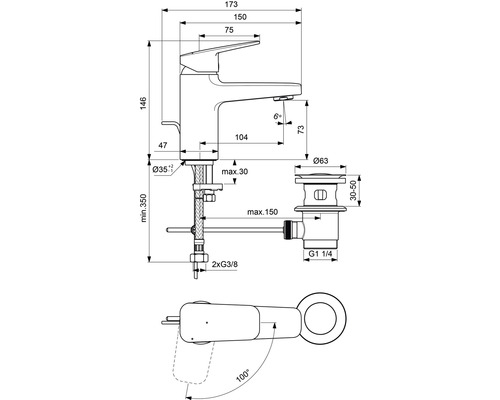 Technische Zeichnung eines Wasserhahns mit Maßangaben