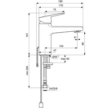 Technische Zeichnung einer Armatur mit Maßangaben