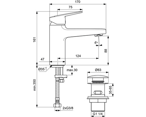 Zeichnung eines Wasserhahns mit Maßangaben