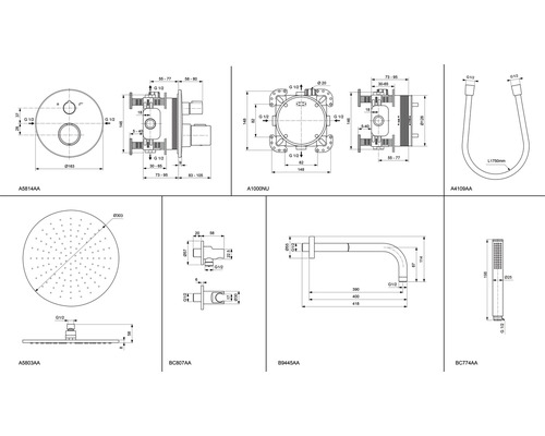 Technische Zeichnungen verschiedener Sanitärprodukte mit Maßangaben