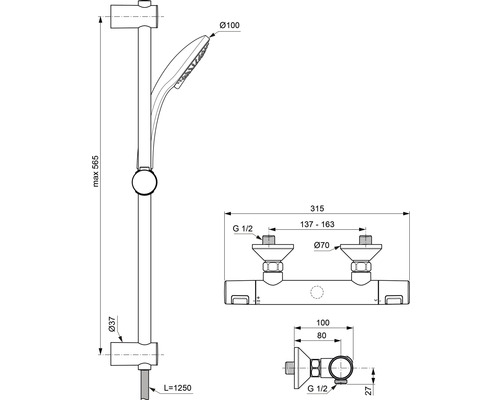 Technische Zeichnung einer Duschstange mit Handbrause und Maßangaben