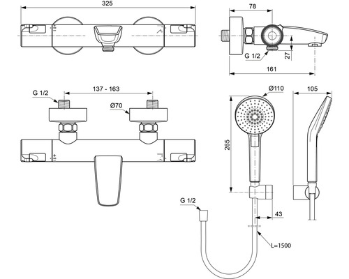 Technische Zeichnung einer Duscharmatur mit Handbrause und Maßangaben