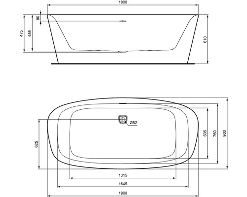 Technische Zeichnung einer Badewanne mit Maßangaben