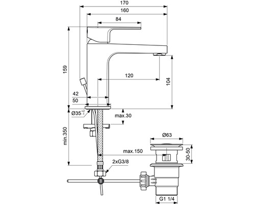 Technische Zeichnung einer Armatur mit Maßangaben