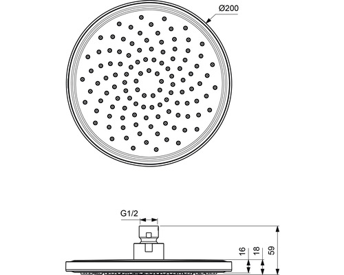 Technische Zeichnung eines Duschkopfes mit Maßen