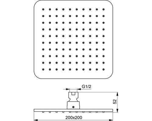 Technische Zeichnung eines quadratischen Duschkopfes mit den Maßen 200 mal 200 Millimeter